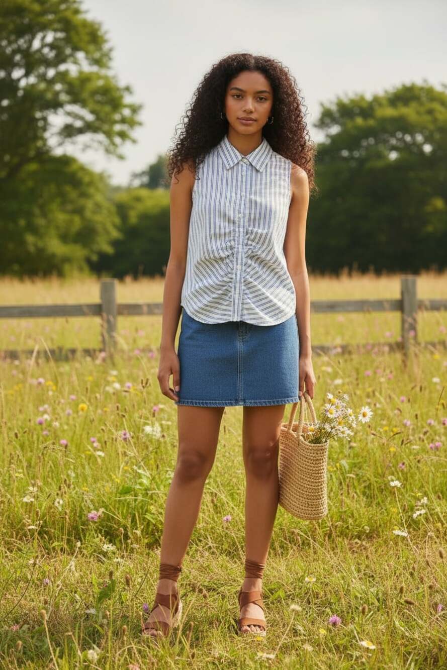 Blue White Striped Ruched Sleeveless Button Up Blouse XL Cottagecore